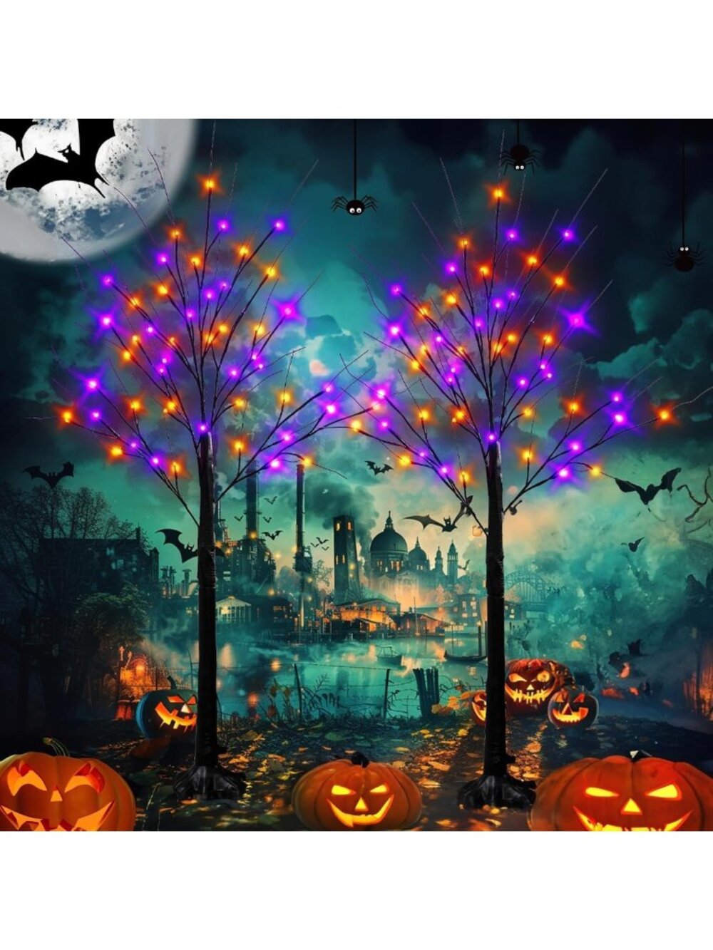 2 Pack 4FT Lighted Birch Trees with 96 LED Purple & Orange Fairy Lights, Timer